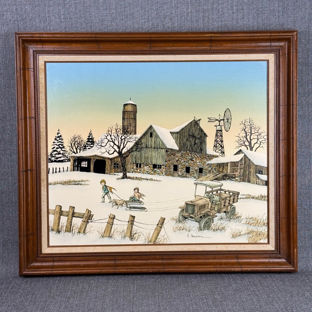 H Hargrove Framed Canvas Winter Scene Serigraph on Canvas 30"x26"